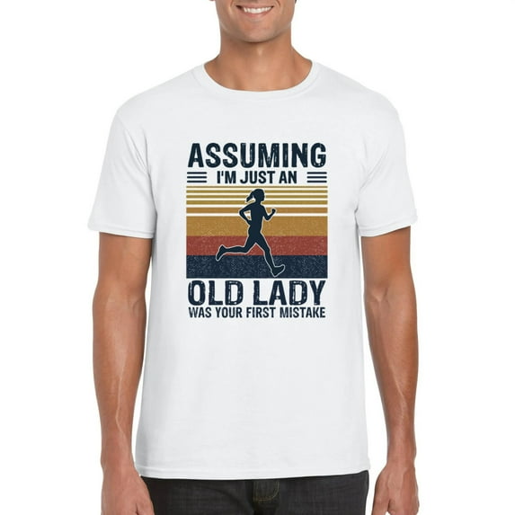 Old Lady Running Funny Senior Citizen Fitness Exercise T-Shirt, for men & women, up to size 5XL