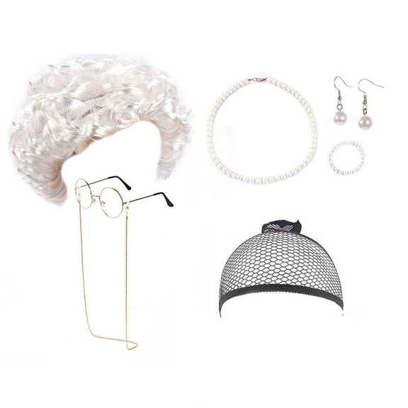 Old Lady Wig Granny Wig Old Lady For Women Grandma Wig Cap Glasses Chain Pearl Wigs Long Lace Front Wig Short Long Lace Front Wig Synthetic Wig Straight Lace Front Bundles with Closure