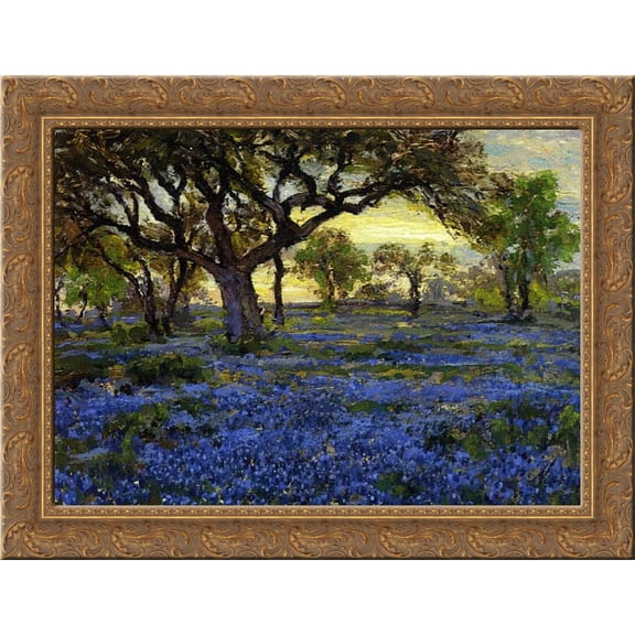 Old Live Oak Tree and Bluebonnets on the West Texas Military Grounds, San Antonio 24x20 Gold Ornate Wood Framed Canvas Art by Onderdonk, Robert Julian