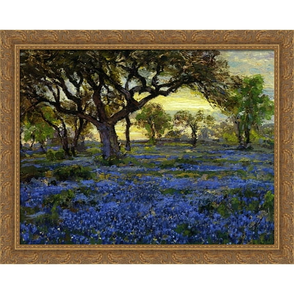 Old Live Oak Tree and Bluebonnets on the West Texas Military Grounds, San Antonio 36x28 Large Gold Ornate Wood Framed Canvas Art by Robert Julian Onderdonk