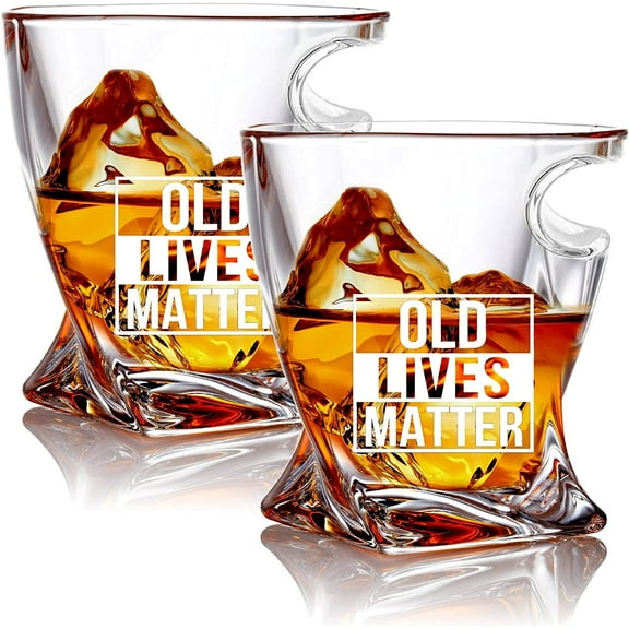 Old Lives Matter Whiskey Glass - 2 Pack - Scotch Glass 11 oz- Funny Birthday or Retirement Gift for Senior Citizens- Old Fashioned Whiskey Glasses- Classic Lowball Rocks Glass- Gag Gift for Dad
