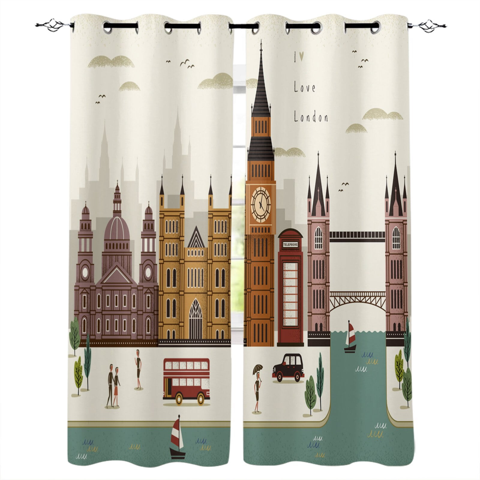 Old London England Poster Art Clock Tower Car Room Curtains Large