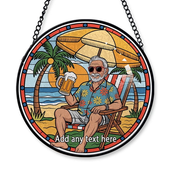 Old Man with Beach Stained Glass Suncatcher Window Hanging Custom Text Window Hanging for Grandparents, Happy Retirement Keepsake, Christmas 2025 Tree Dcor