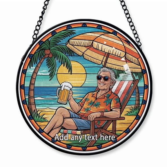 Old Man with Beach Stained Glass Suncatcher Window Hanging Custom Text Window Hanging for Grandparents, Happy Retirement Keepsake, Christmas 2025 Tree Dcor