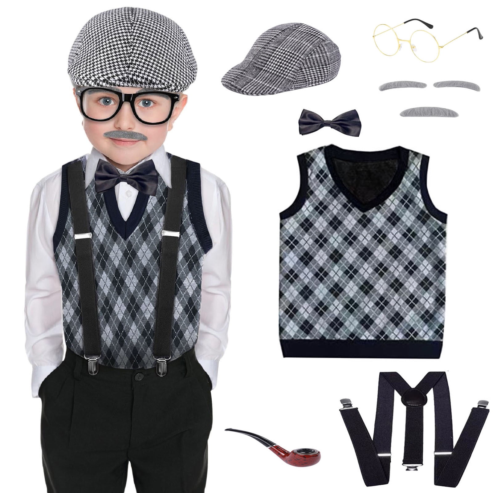 Yewong Kids Old Man Costume Set - Grandpa Wig, Suspender, Mustache For 100 Days Of School & Halloween - View #7