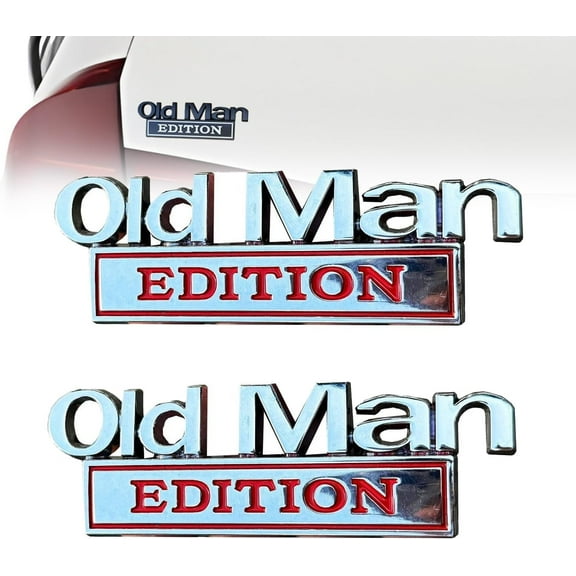 Old Man Edition Car Emblem 3D Metal Sticker Badge – Funny Edition Nameplate Decal for Side Rear Tailgate Bumper – Waterproof Rustproof Adhesive for Car Truck SUV Motorcycle(Silver and red)