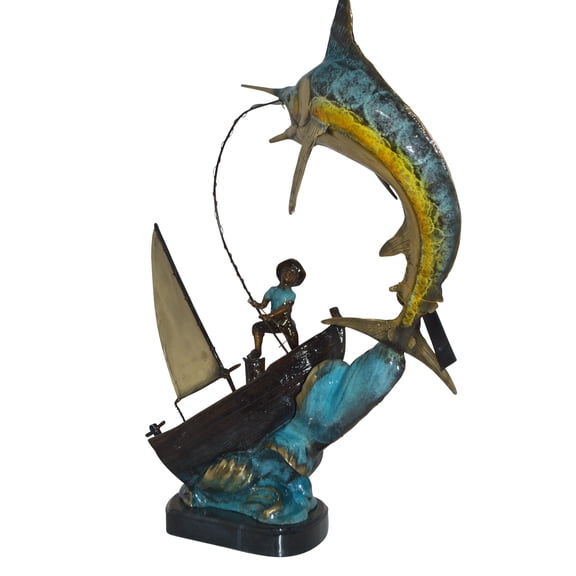 Nifao Old Man Fishing a Large Catch Bronze Statue, Home Decor Sculpture, 27"L x 13"W x 30"H