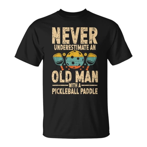 Old Man Pickleball Paddle Graphic Cotton T-Shirt Men Adult Soft Breathable Tee Casual Wear Comfortable Everyday Outfit, Size L, Color Black