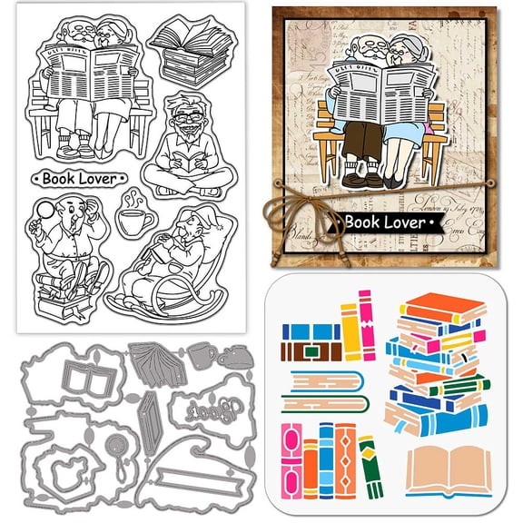 Old Man Reading Clear Silicone Stamp Metal Book Coffee Cutting Die Cuts Book Stack Paint Craft Stencils DIY