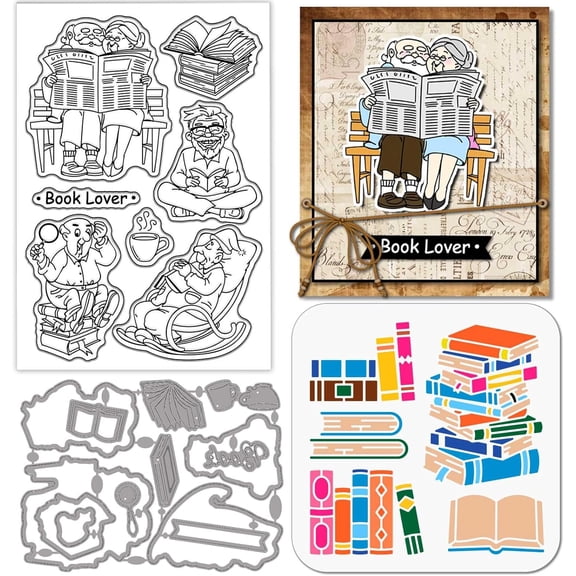 Old Man Reading Clear Silicone Stamp Metal Book Coffee Cutting Die Cuts Book Stack Paint Craft Stencils
