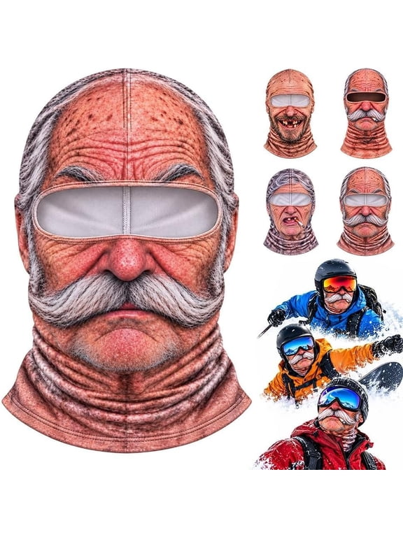 Old Man Ski Mask Funny Realistic Face Balaclava Winter Fleece Lined | Soft Stretch Pull on Design Fits Approx 21 to 24 Inch Adult Head Circumference for Snowboarding Hiking
