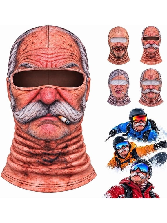Old Man Ski Mask Funny Realistic Face Balaclava Winter Fleece Lined | Soft Stretch Pull on Design Fits Approx 21 to 24 Inch Adult Head Circumference for Snowboarding Hiking