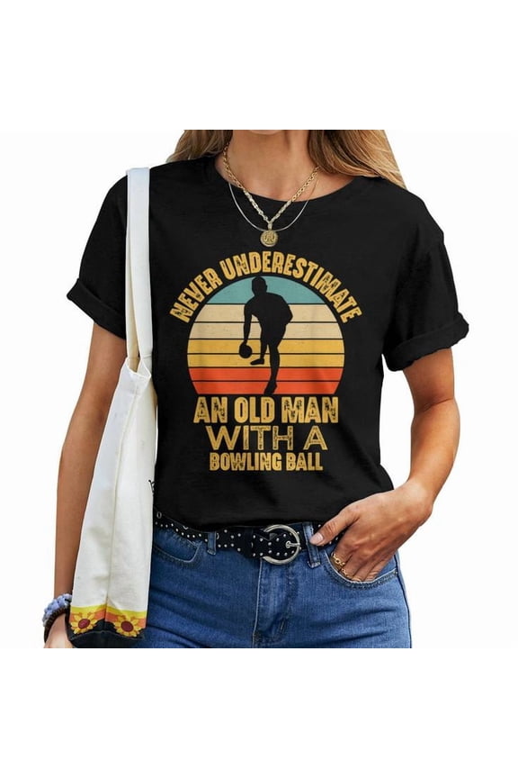 Old Man With Bowling Ball Graphic Cotton T-Shirt Women Adult Soft Breathable Tee Casual Wear Comfortable Everyday Outfit, Size M, Color Black