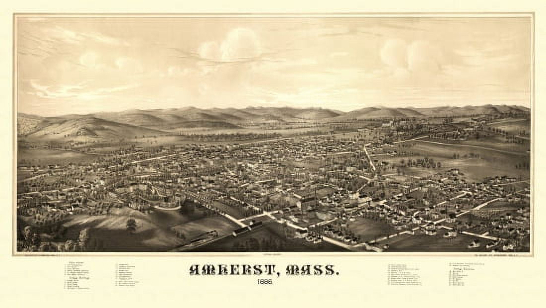 Old Map of Amherst Massachusetts 1886 Hampshire County Canvas Art - (24 x 36)