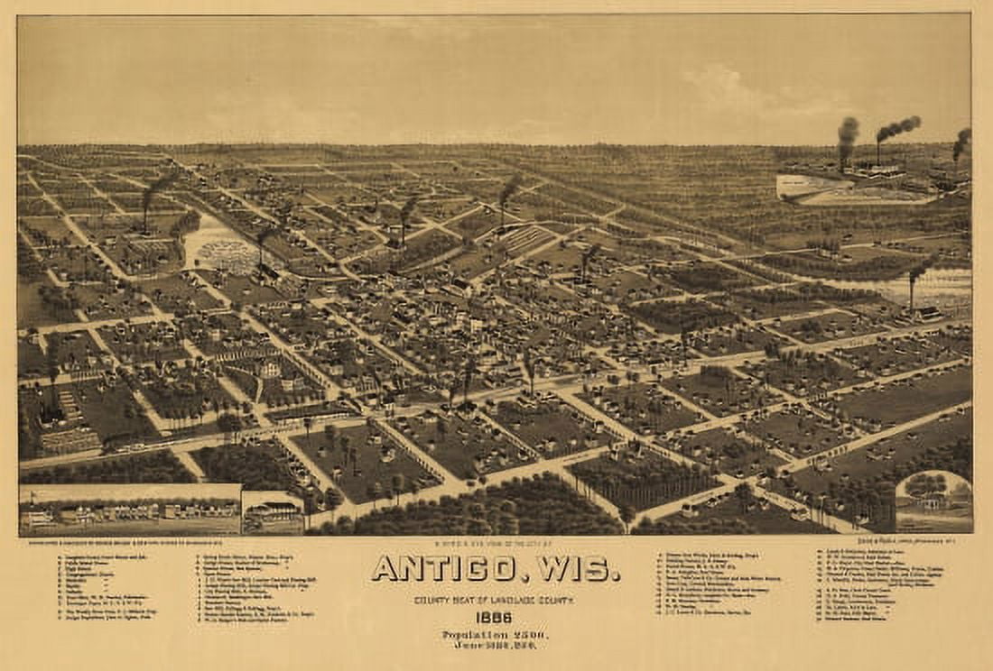 Old Map of Antigo Wisconsin 1886 Langlade County Canvas Art - (24 x 36)