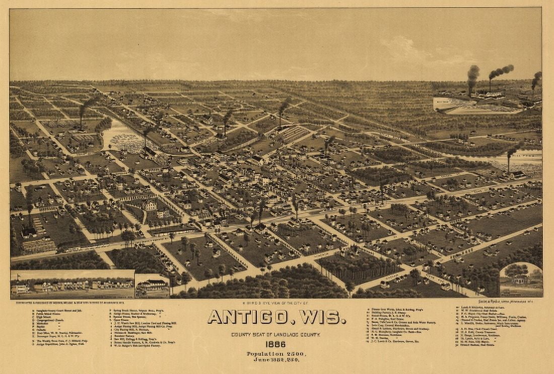 Old Map of Antigo Wisconsin 1886 Langlade County Canvas Art - (36 x 54)