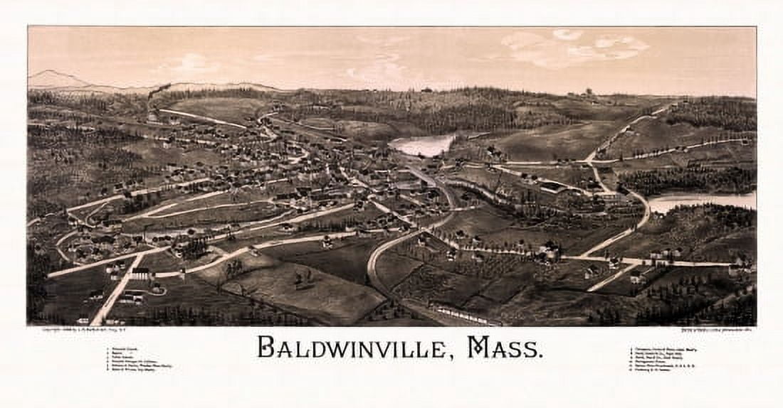 Old Map of Baldwinville Massachusetts 1886 Worcester County Canvas Art - (36 x 54)