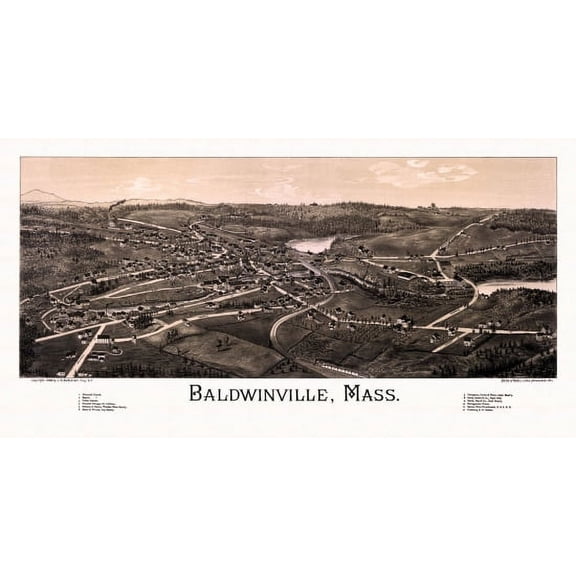 Old Map of Baldwinville Massachusetts 1886 Worcester County Canvas Art - (36 x 54)