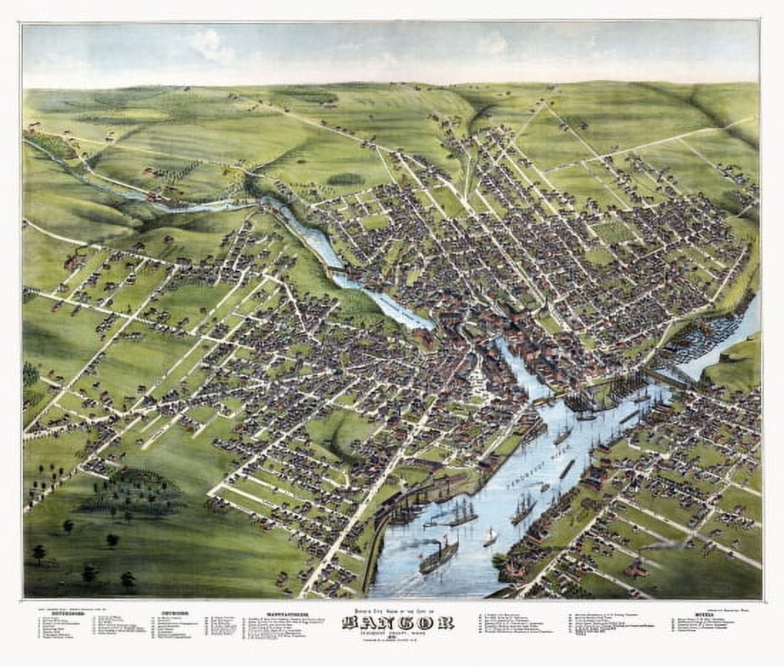 Old Map of Bangor Maine 1875 Penobscot County Canvas Art - (36 x 54)