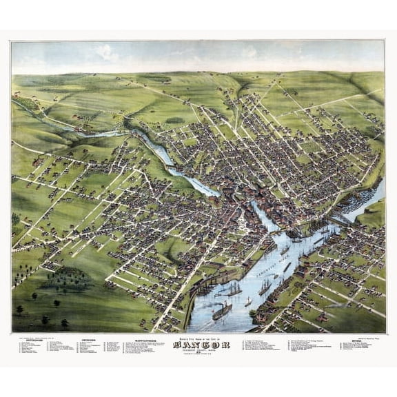 Old Map of Bangor Maine 1875 Penobscot County Canvas Art - (36 x 54)