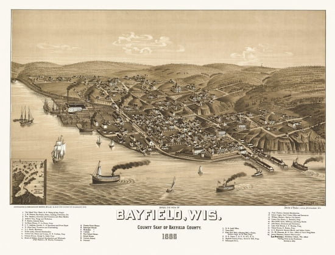 Old Map of Bayfield Wisconsin 1886 Bayfield County Canvas Art - (24 x 36)