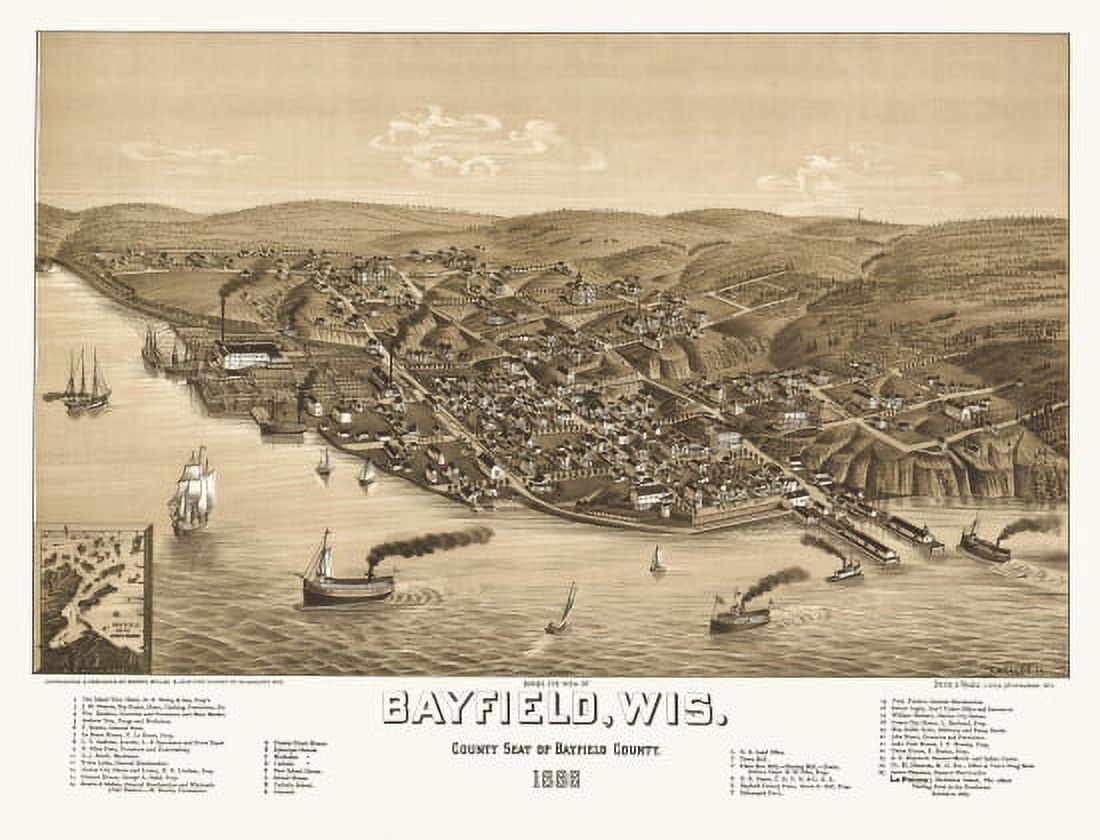 Old Map of Bayfield Wisconsin 1886 Bayfield County Canvas Art - (36 x 54)