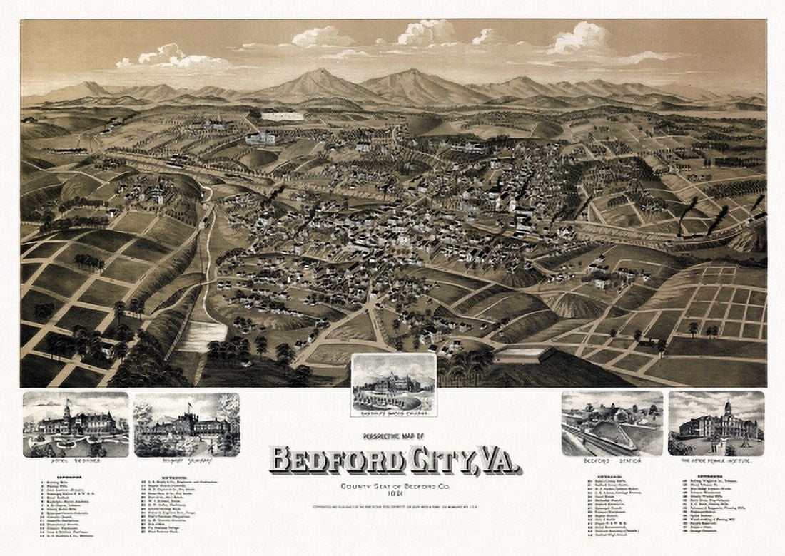 Old Map of Bedford City Virginia 1891 Bedford County Canvas Art - (36 x 54)