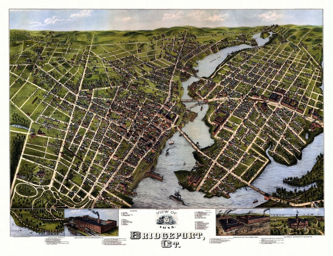Old Map of Bridgeport Connecticut 1875 Fairfield County Canvas Art - (24 x 36)