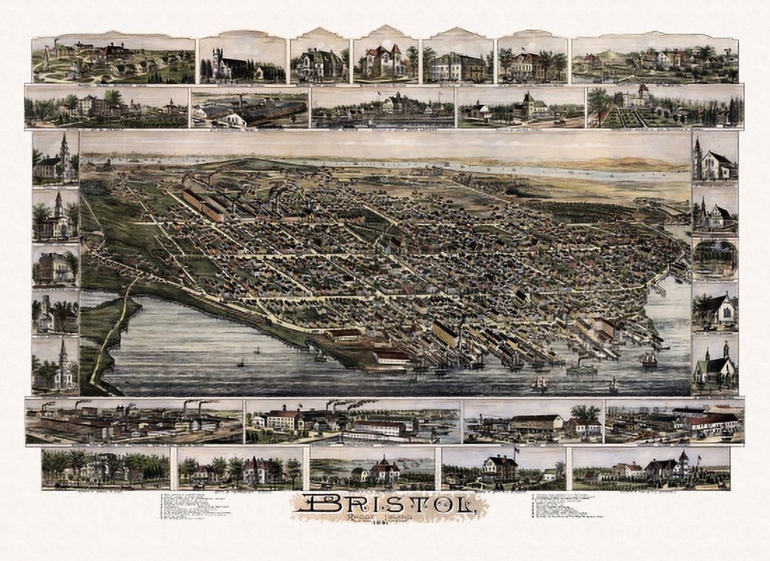 Old Map of Bristol Rhode Island 1891 Bristol County Canvas Art - (24 x 36)