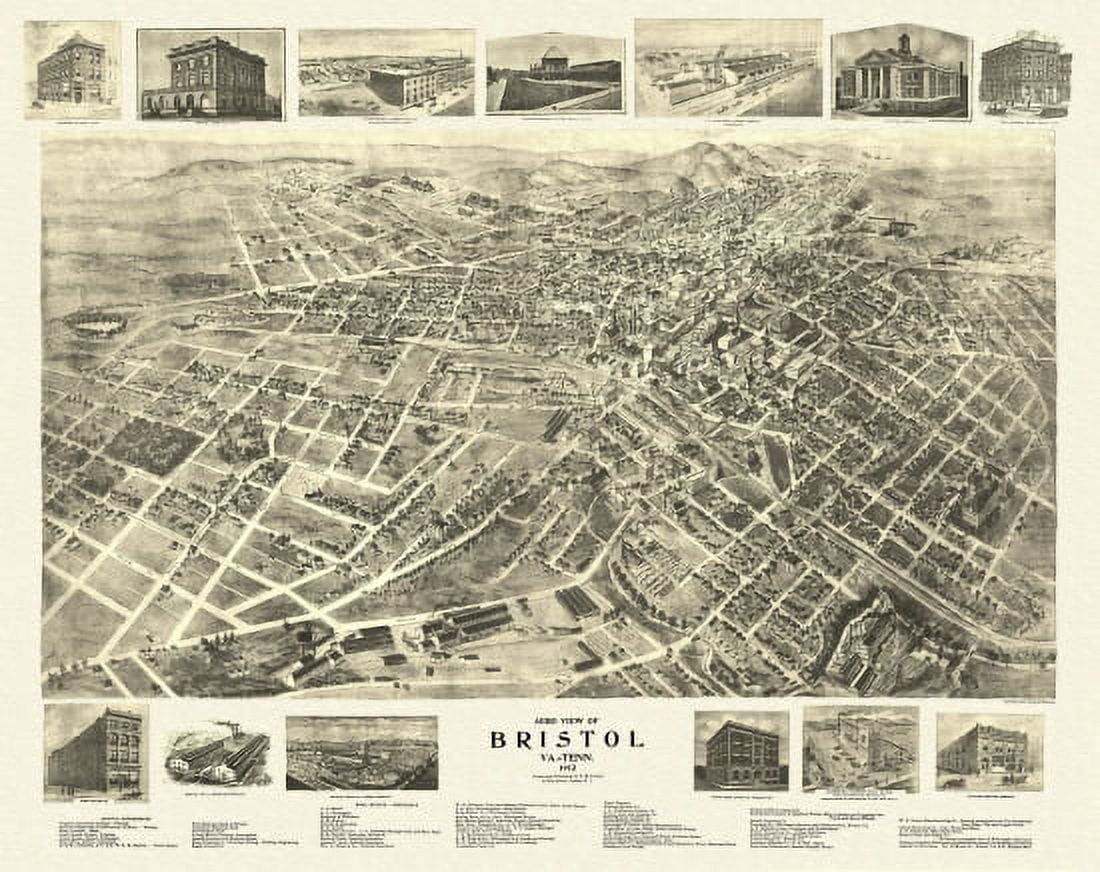 Old Map of Bristol Tennessee 1912 Sullivan County Canvas Art -  (18 x 24)