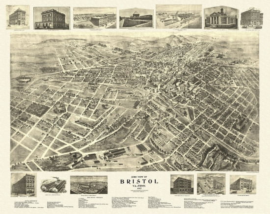 Old Map of Bristol Tennessee 1912 Sullivan County Canvas Art - (24 x 36)