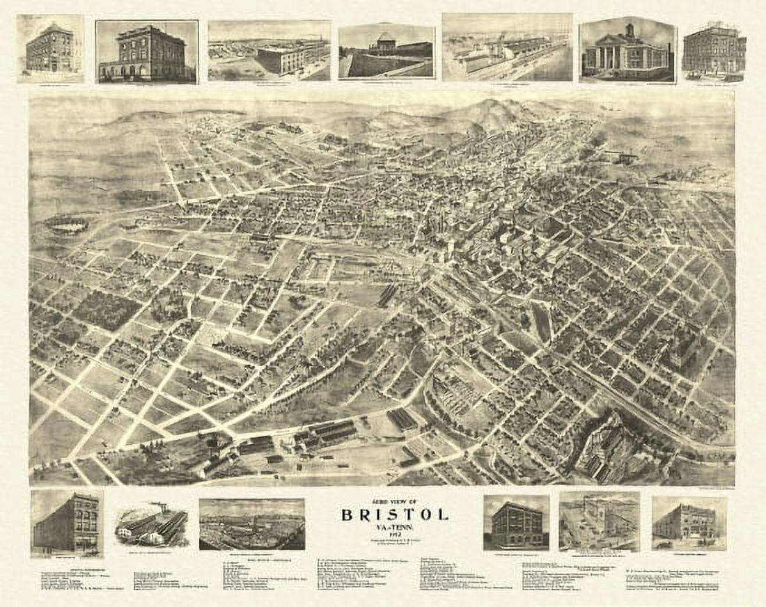 Old Map of Bristol Tennessee 1912 Sullivan County Canvas Art - (36 x 54)
