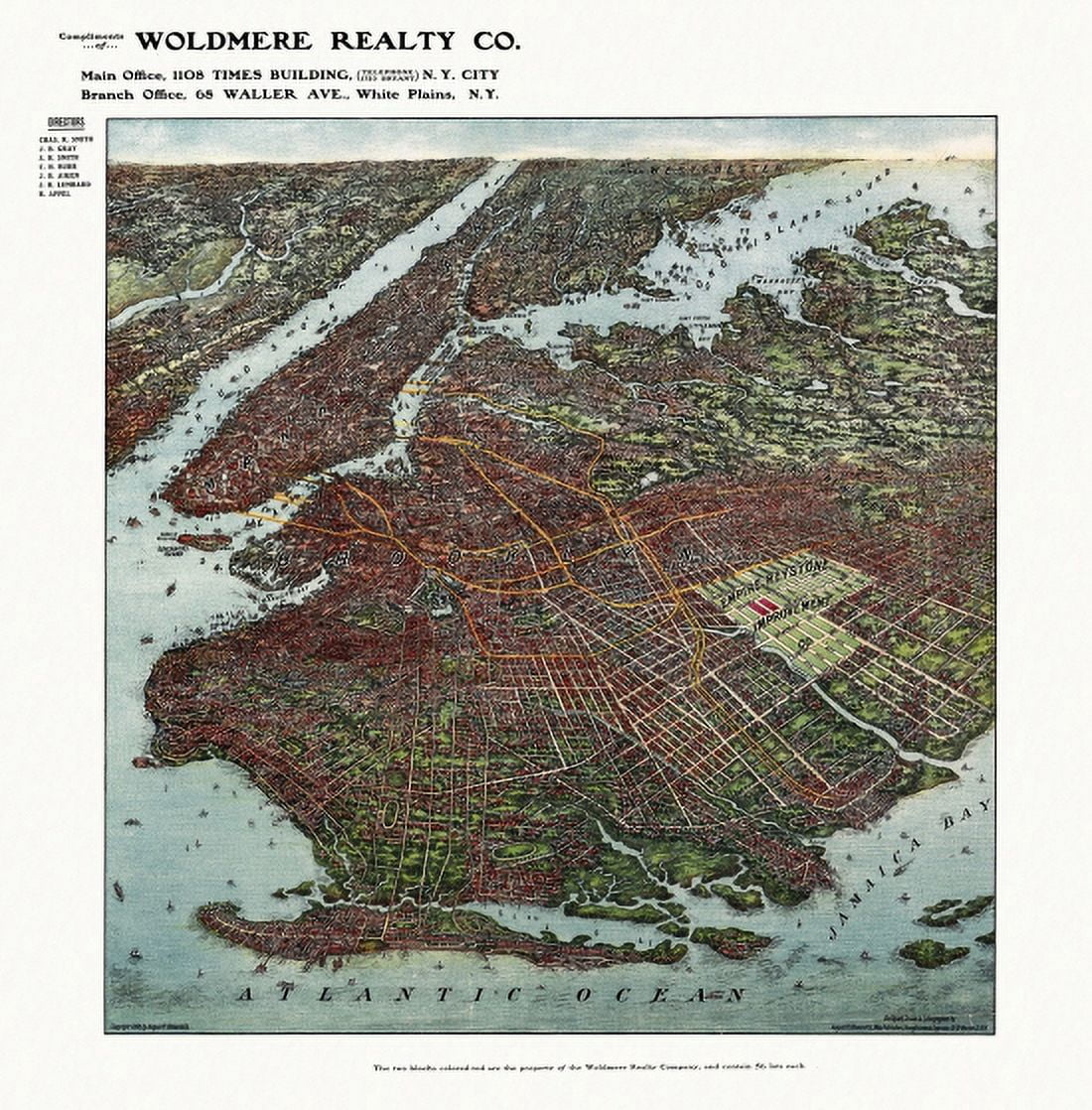 Old Map of Brooklyn New York 1908 Kings County Canvas Art - (36 x 54)