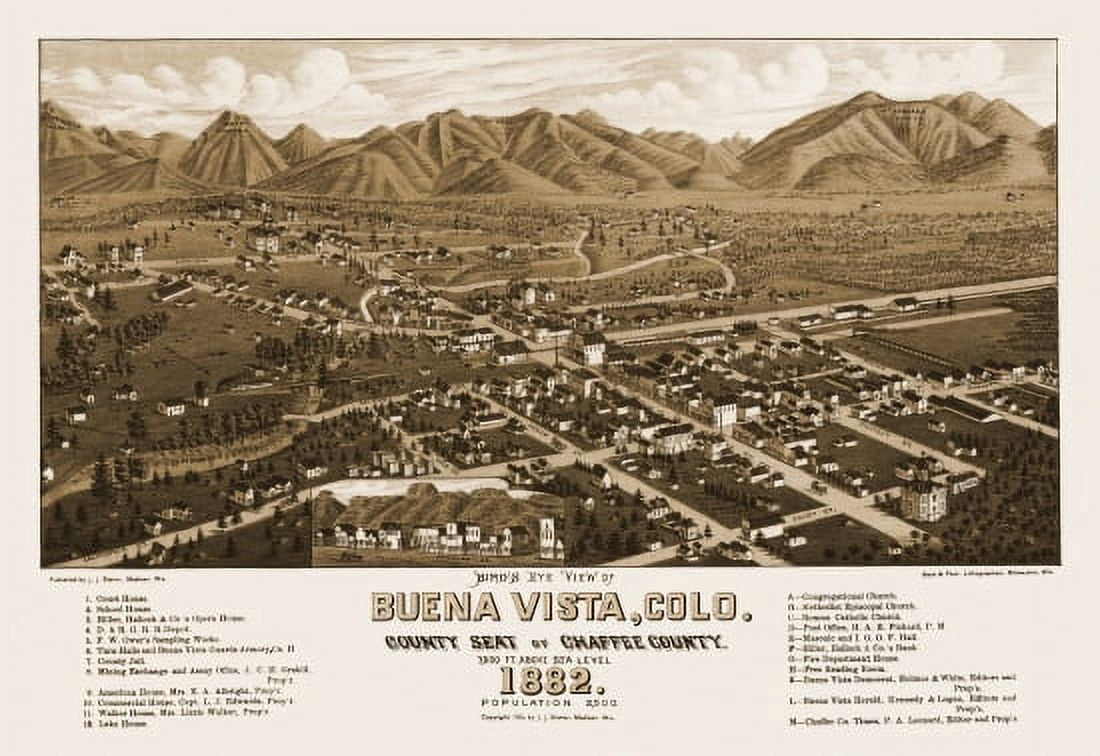 Old Map of Buena Vista Colorado 1882 Chaffee County Canvas Art - (18 x 24)