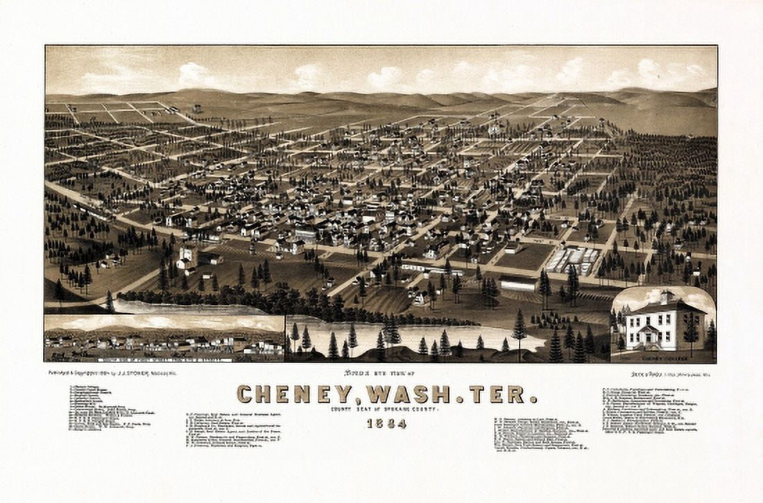 Old Map of Cheney Washington 1884 Spokane County Canvas Art - (18 x 24)