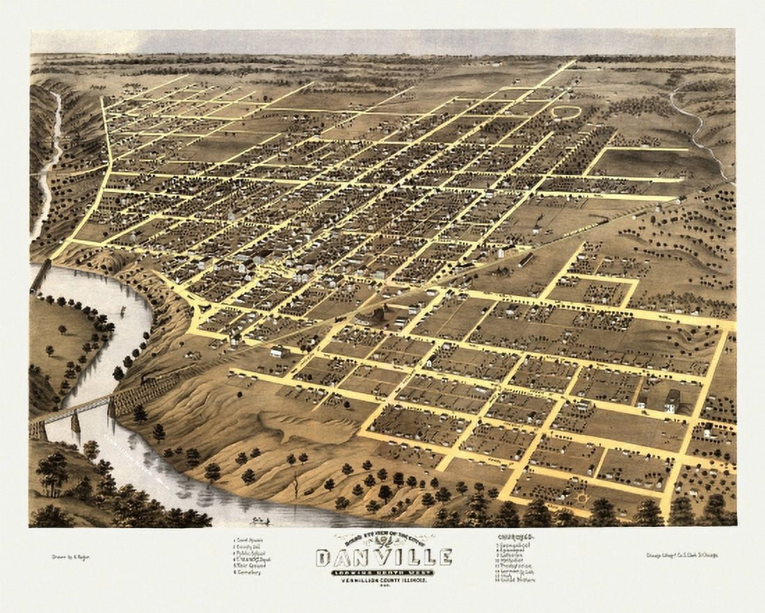 Old Map of Danville Illinois 1869 Vermillion County Canvas Art -  (18 x 24)
