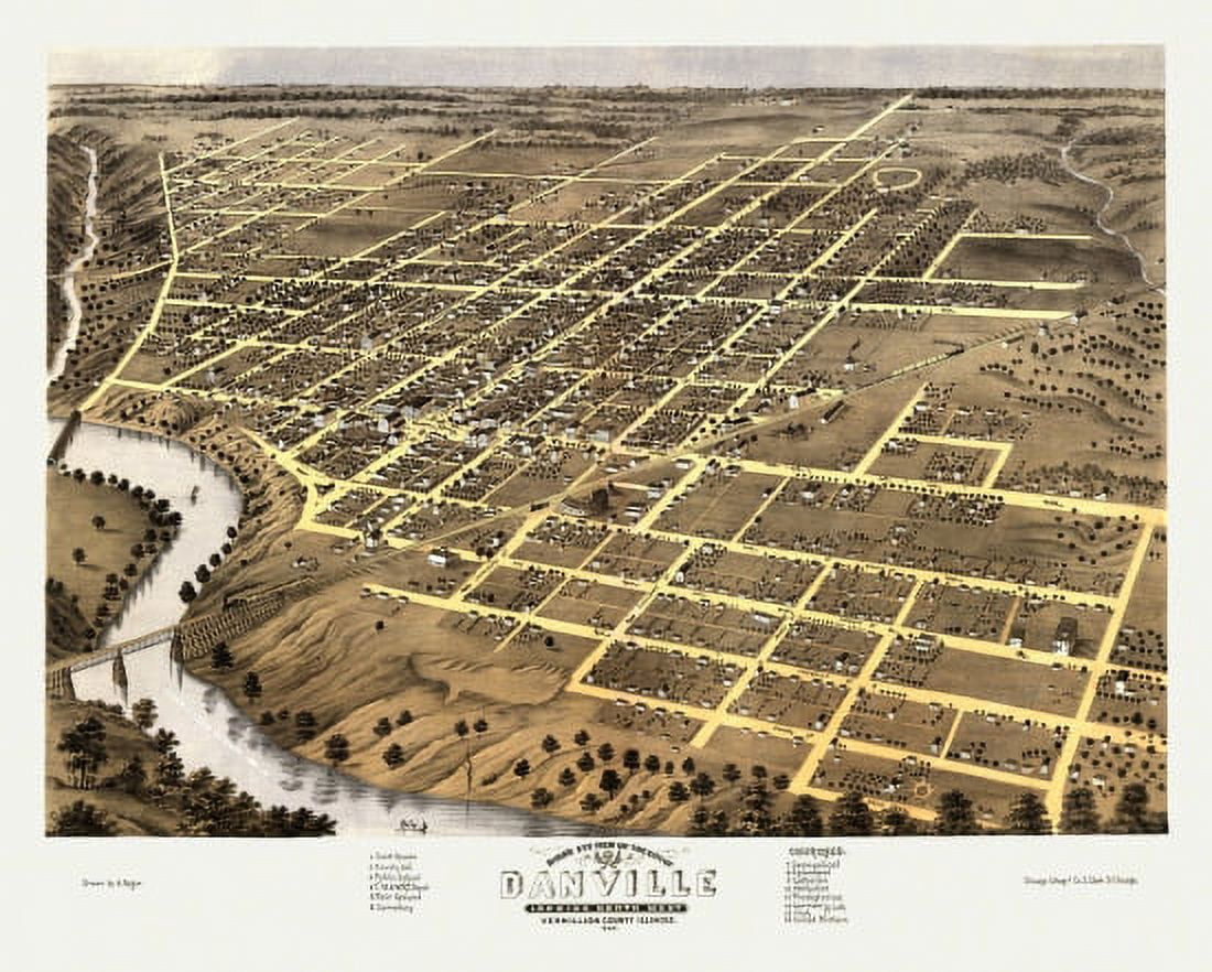 Old Map of Danville Illinois 1869 Vermillion County Canvas Art - (36 x 54)