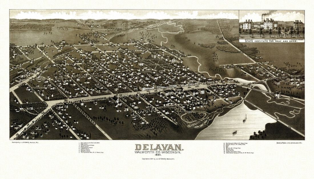 Old Map of Delavan Wisconsin 1884 Walworth County Canvas Art - (18 x 24)