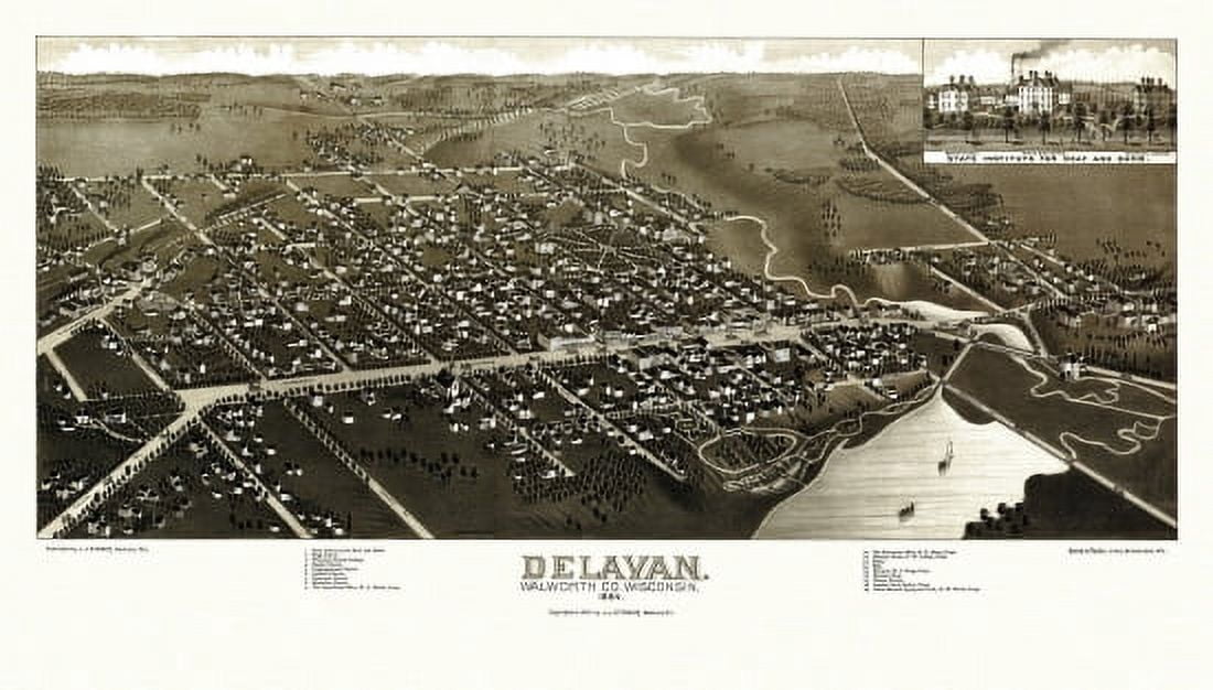 Old Map of Delavan Wisconsin 1884 Walworth County Canvas Art - (36 x 54)
