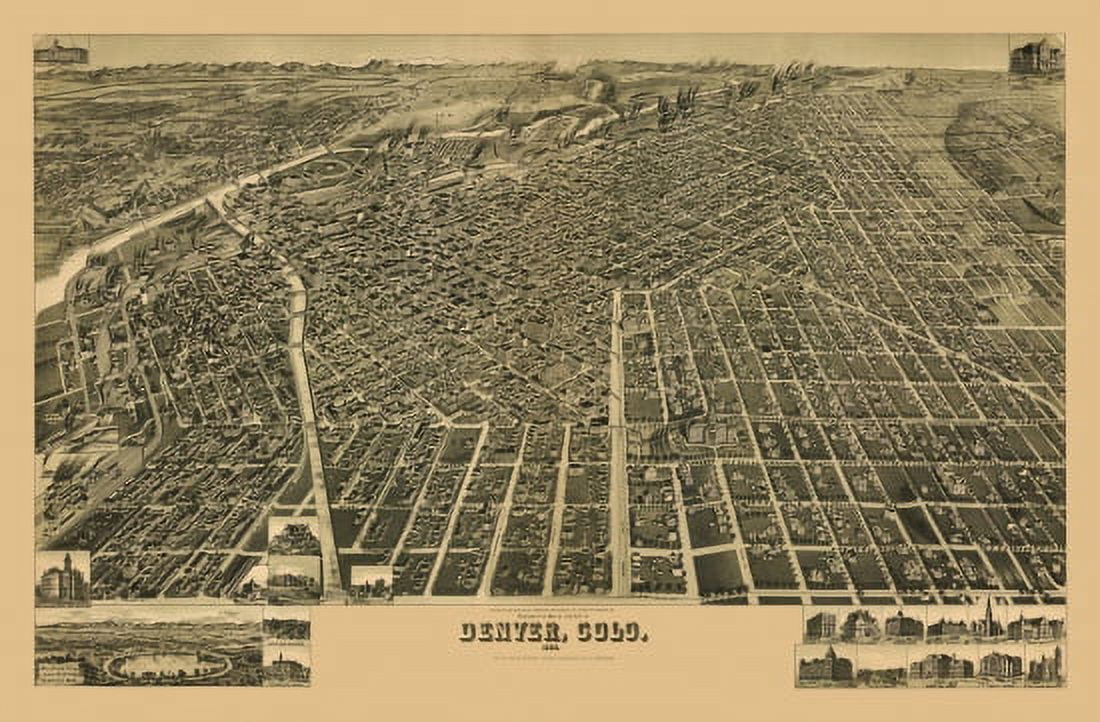 Old Map of Denver Colorado 1889 Denver City County Canvas Art - (36 x 54)