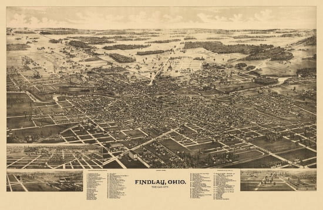 Old Map of Findlay Ohio 1889 Hancock County Canvas Art - (36 x 54)