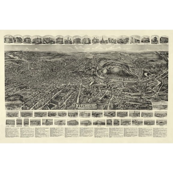 Old Map of Fitchburg Massachusetts 1915 Worcester County Canvas Art - (24 x 36)