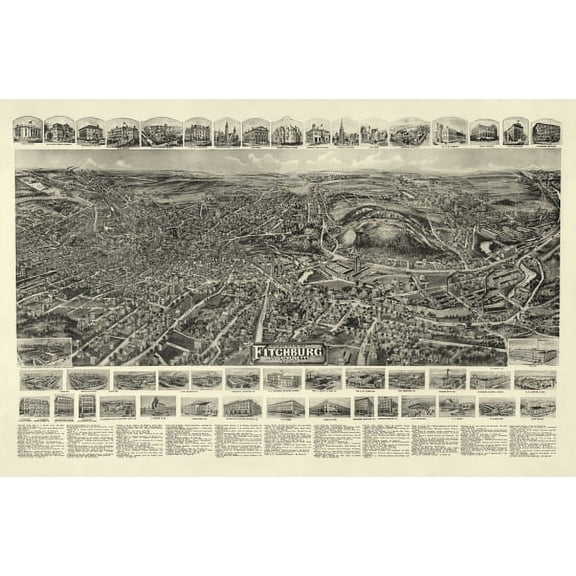 Old Map of Fitchburg Massachusetts 1915 Worcester County Canvas Art - (36 x 54)