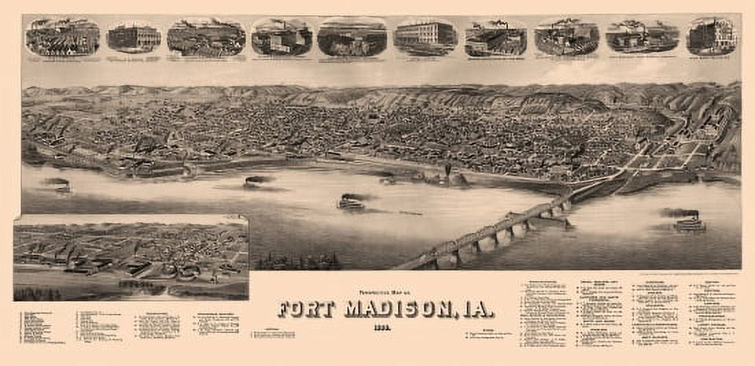 Old Map of Fort Madison Iowa 1889 Lee County Canvas Art - (24 x 36)