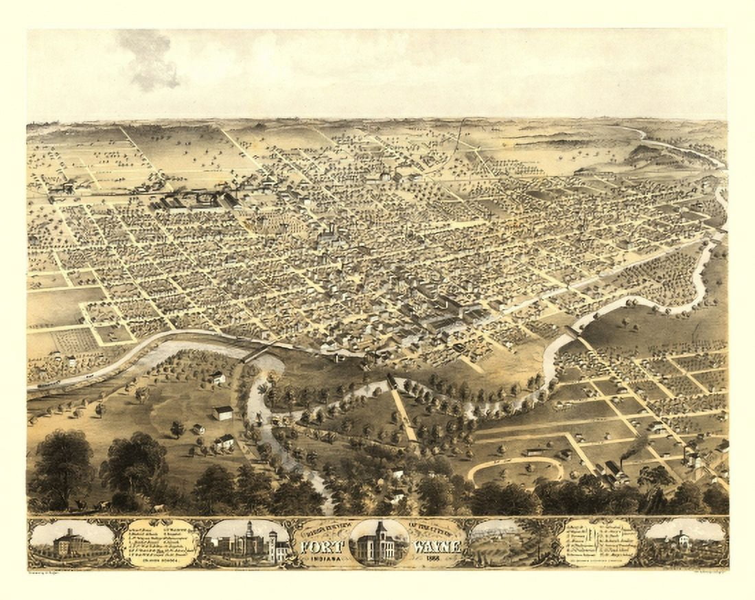 Old Map of Fort Wayne Indiana 1868 Allen County Canvas Art - (24 x 36)