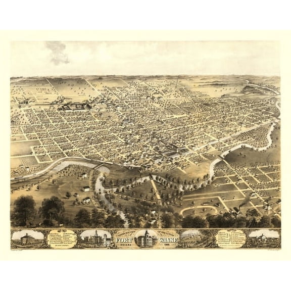 Old Map of Fort Wayne Indiana 1868 Allen County Canvas Art - (36 x 54)