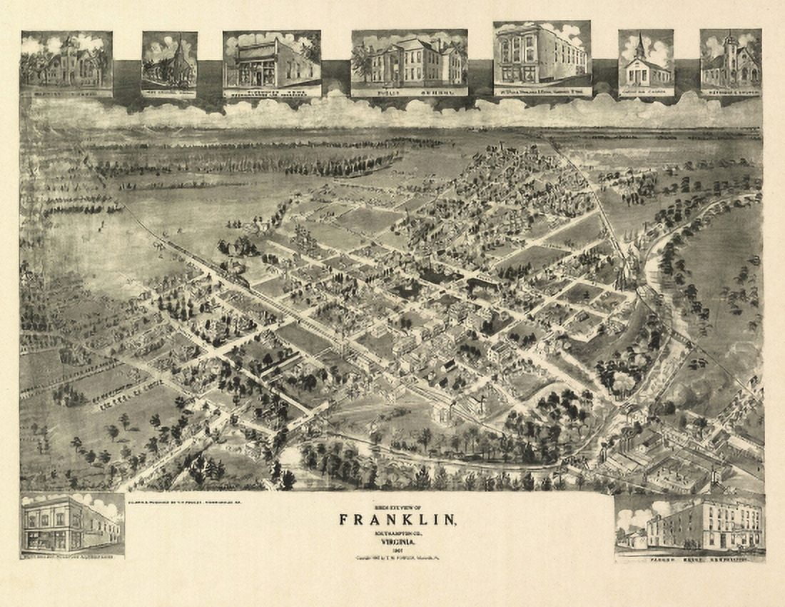 Old Map of Franklin Virginia 1907 Southampton County Canvas Art - (24 x 36)