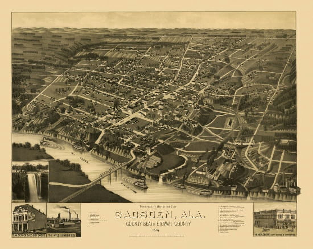Old Map of Gadsden Alabama 1887 Etowah County Canvas Art - (24 x 36)