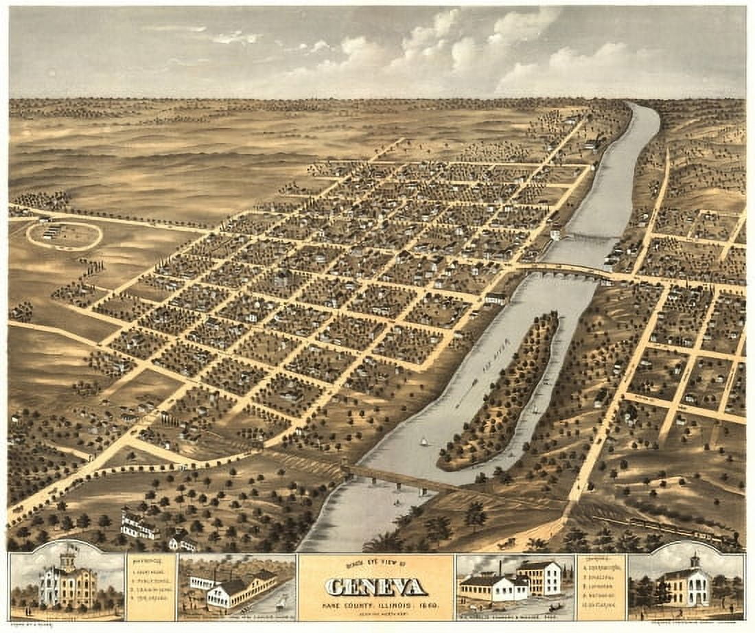 Old Map of Geneva Illinois 1869 Kane County Canvas Art - (24 x 36)