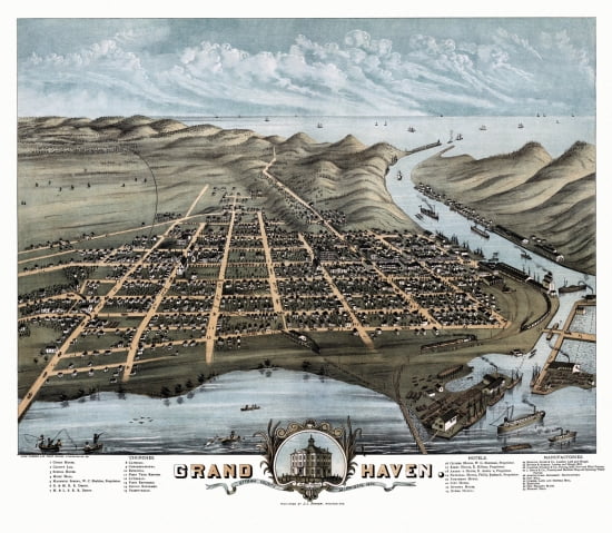 Old Map of Grand Haven Michigan 1874 Ottawa County Canvas Art - (18 x 24)